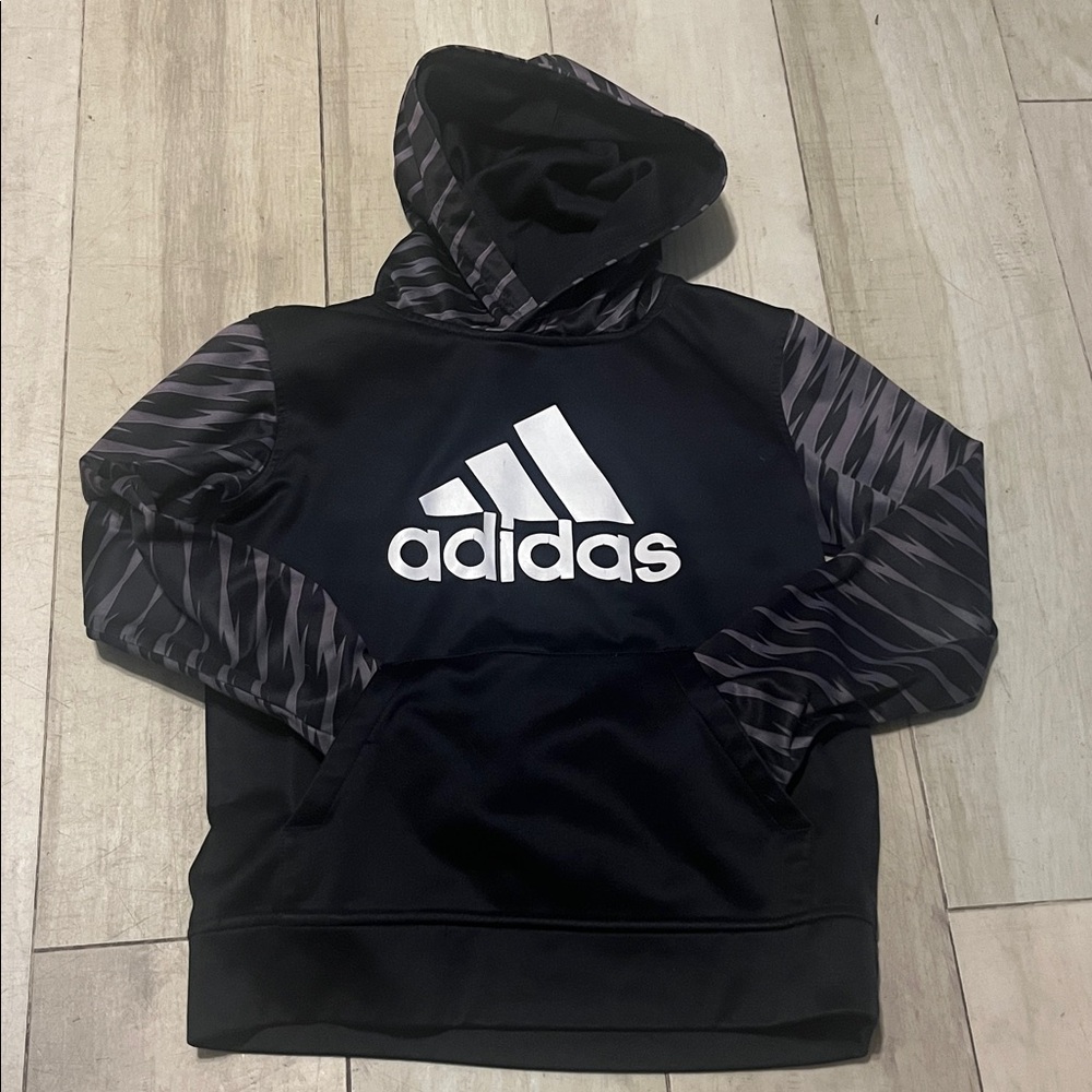 Adidas Black Hoodie with Gray Patterned Sleeves and Hood - Kids M (10-12)